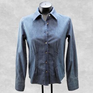 J. Jill Denim Shirt Women's XS Blue Button Front Long Sleeve Pintuck Tailored